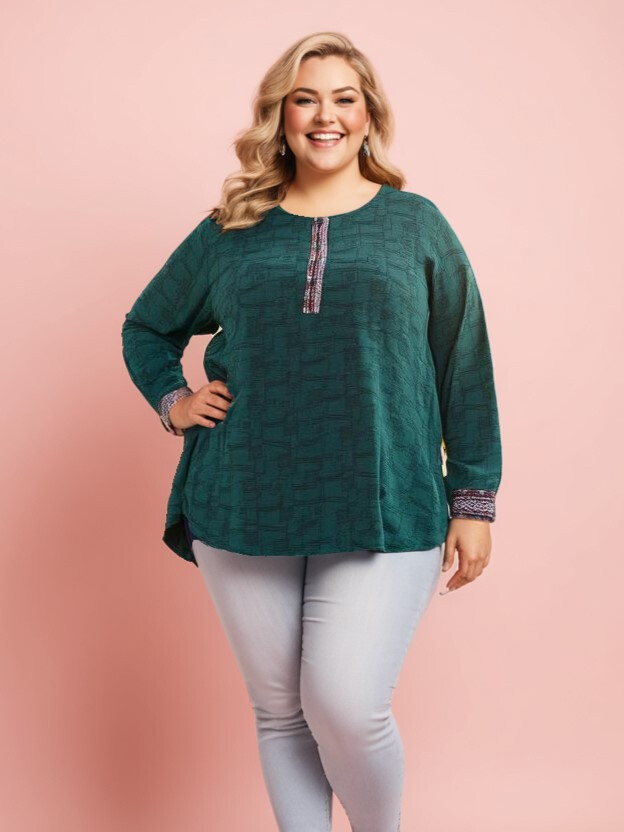 Grossiste Pomme Rouge Paris - Blouse texturé vert grande taille (C6239)