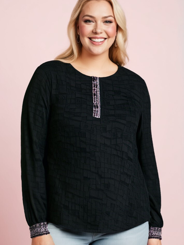 Grossiste Pomme Rouge Paris - Blouse texturé noir grande taille (C6239)