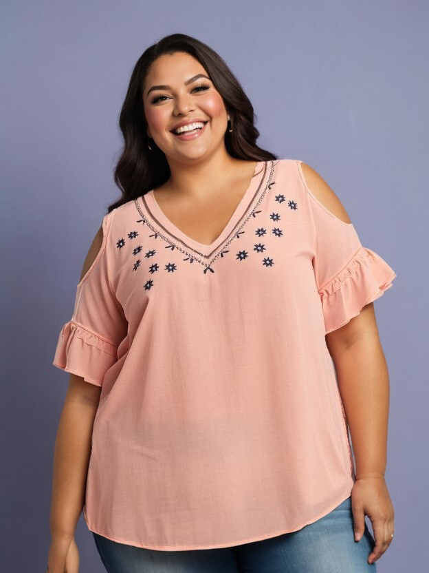 Grossiste Pomme Rouge Paris - Blouse corail grande taille avec broderies (A963)