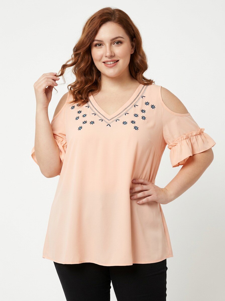 Grossiste Pomme Rouge Paris - Blouse corail grande taille avec broderies (A963)