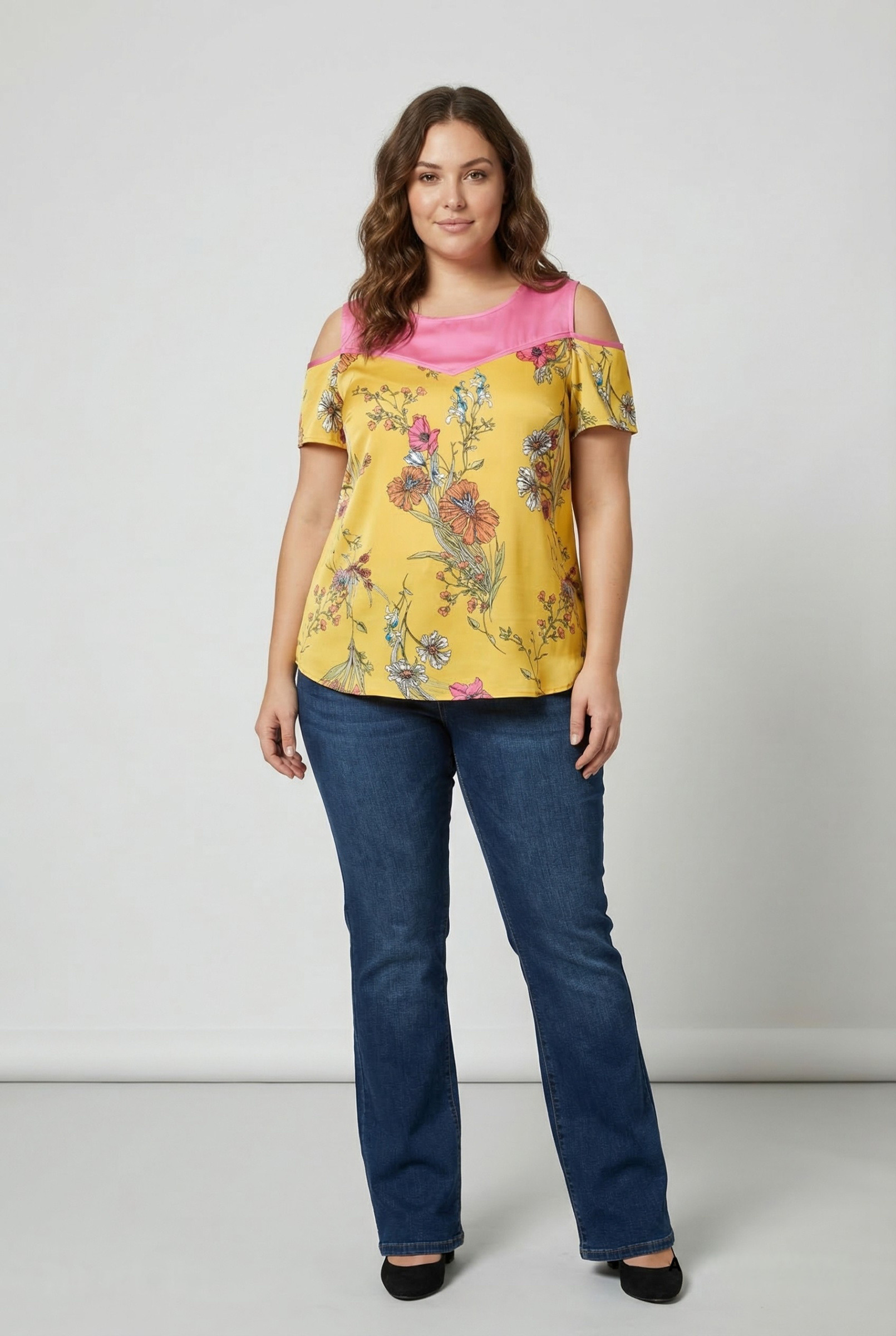 Grossiste Pomme Rouge Paris - Blouse grande taille effet superposée imprimé floral jaune(A988)
