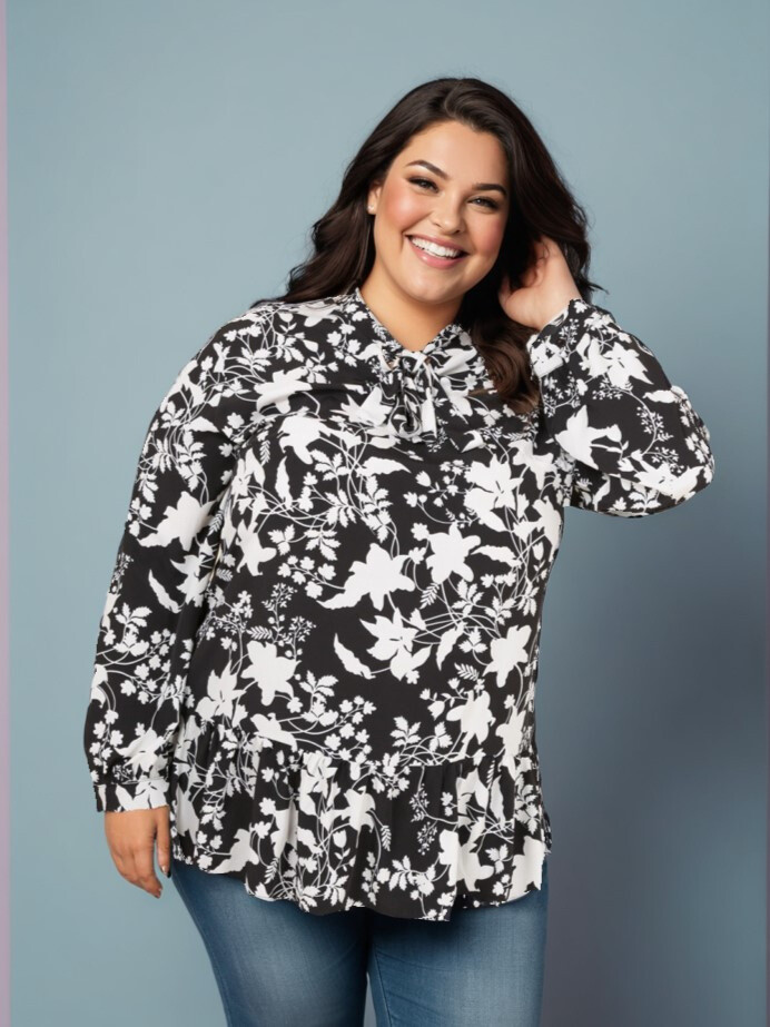 Grossiste Pomme Rouge Paris - Blouse imprimé grande taille col cravate (C6355)