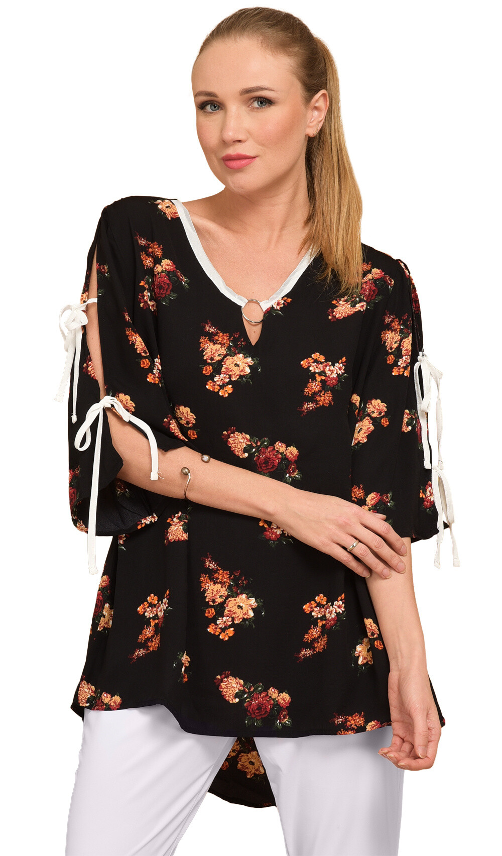Grossiste Pomme Rouge Paris - Blouse fleuri avec laçage sur manche (A876)
