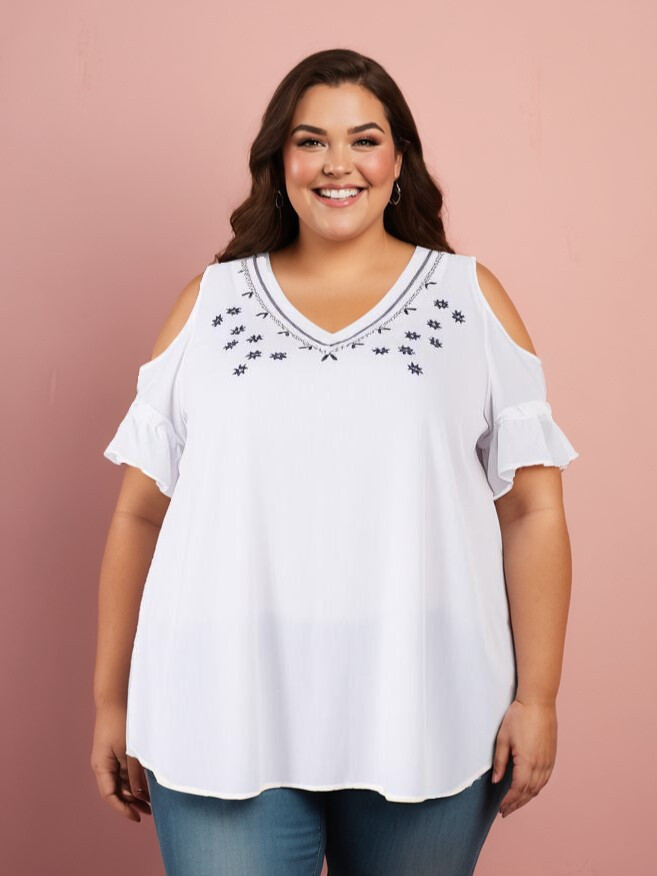 Grossiste Pomme Rouge Paris - Blouse blanche grande taille avec broderies (A963)