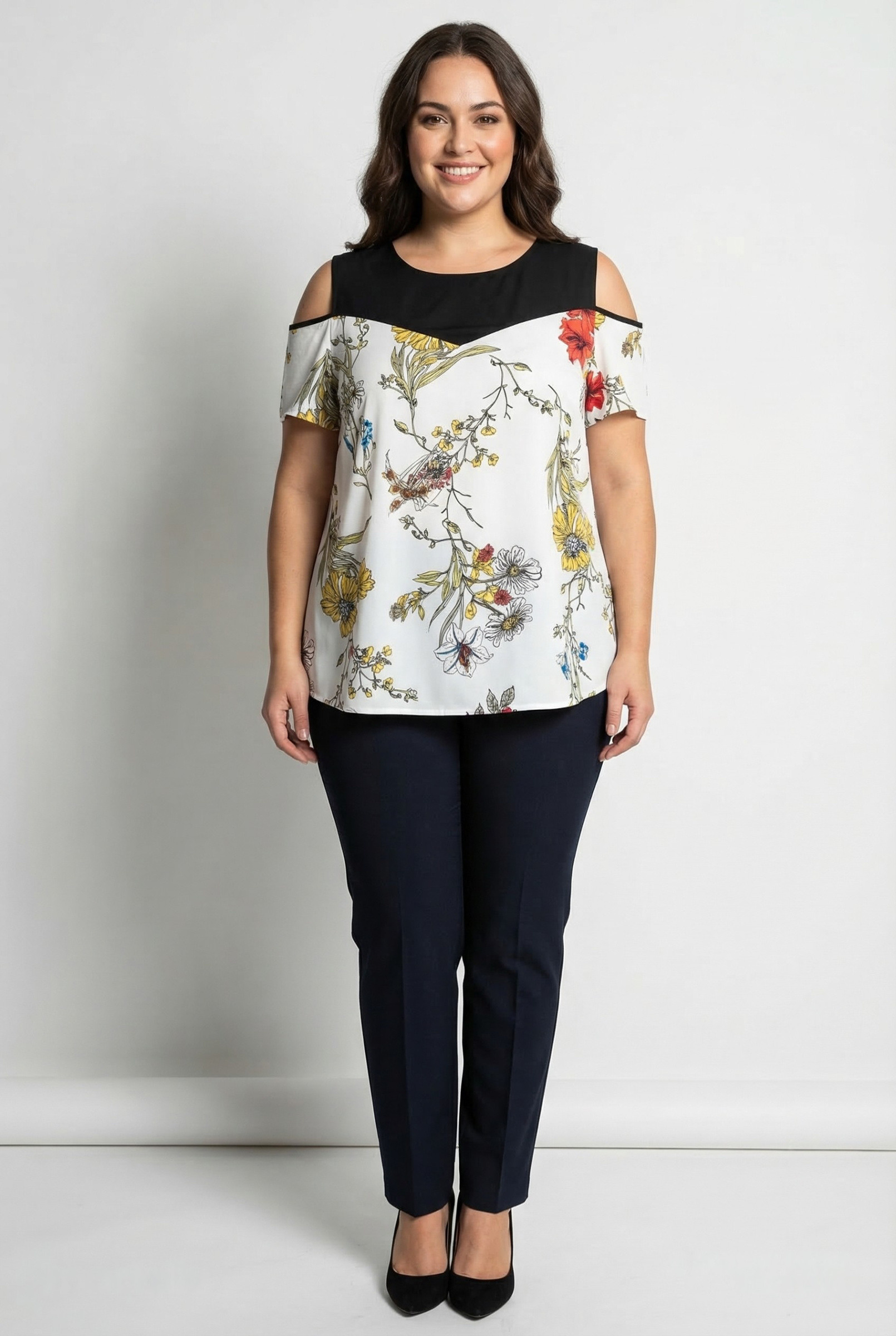 Grossiste Pomme Rouge Paris - Blouse grande taille effet superposée imprimé floral blanc (A988)