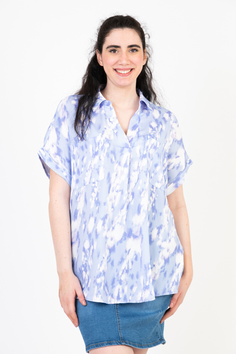 Großhändler Pomme Rouge Paris - Blau bedruckte Bluse (C6561)