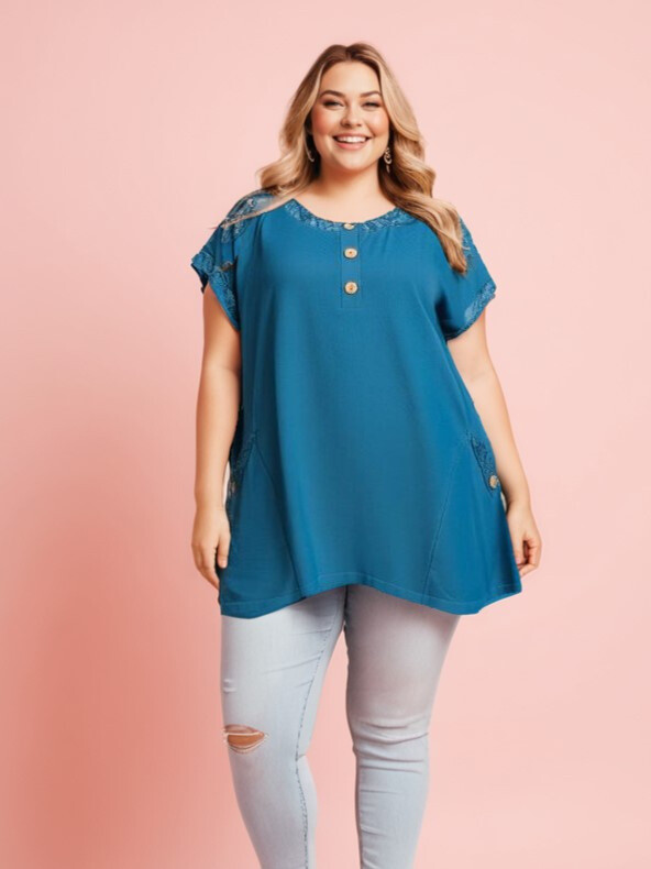 Grossiste Pomme Rouge Paris - Tunique bleu avec dentelle (A587)