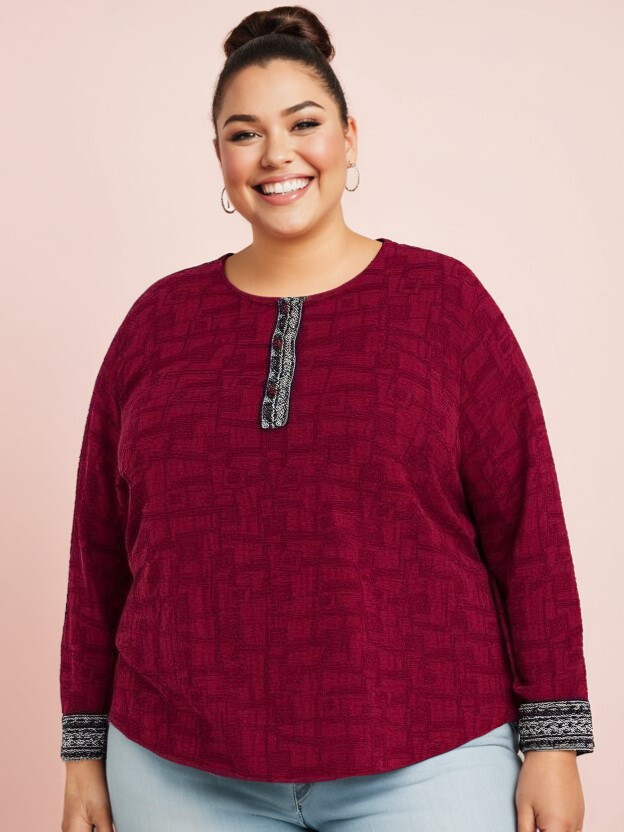 Grossiste Pomme Rouge Paris - Blouse texturé rouge grande taille (C6239)