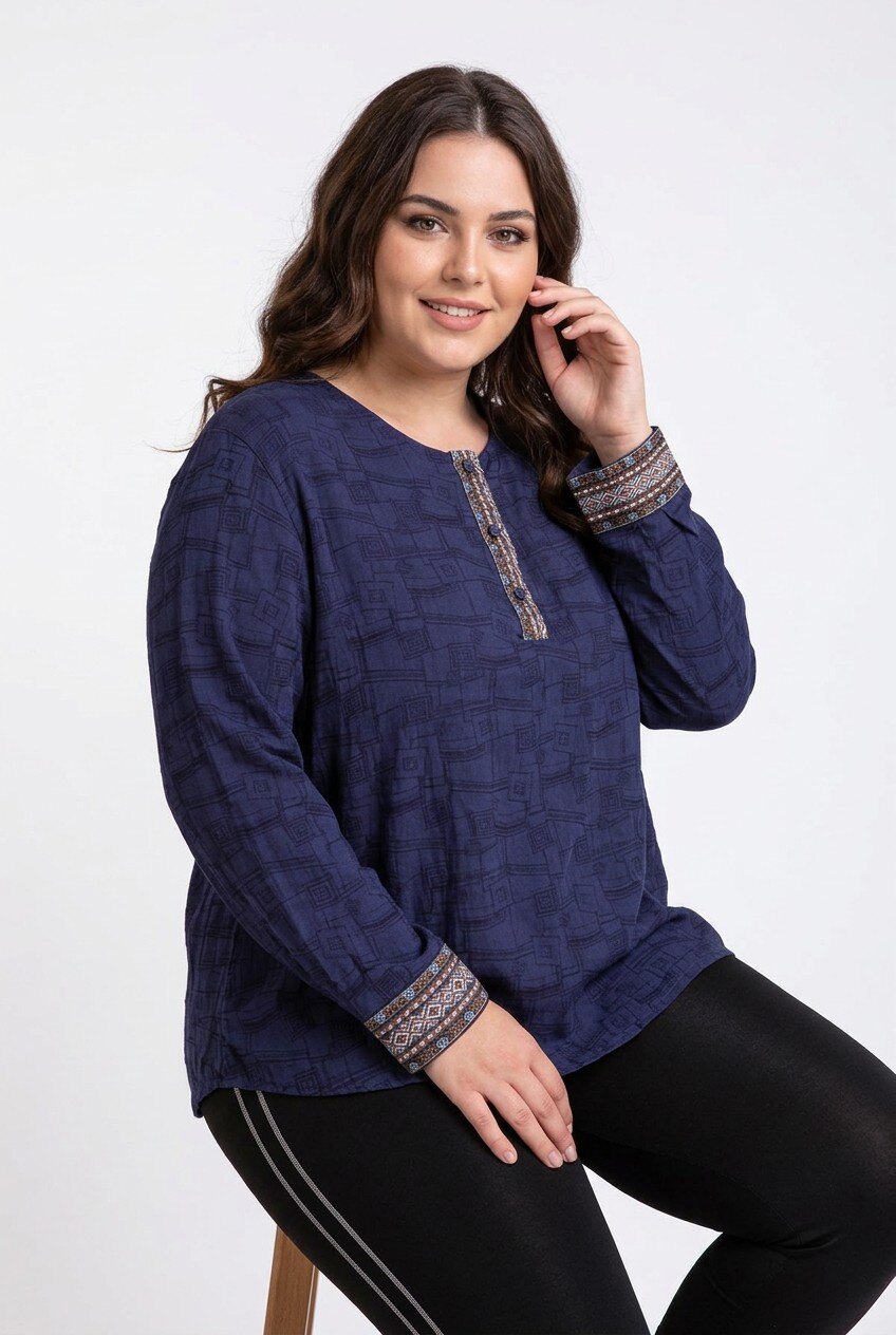 Grossiste Pomme Rouge Paris - Blouse texturé bleu grande taille