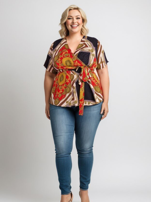 Mayorista Pomme Rouge Paris - Blusa envolvente estampada con pañuelo negro de talla grande (C6208)