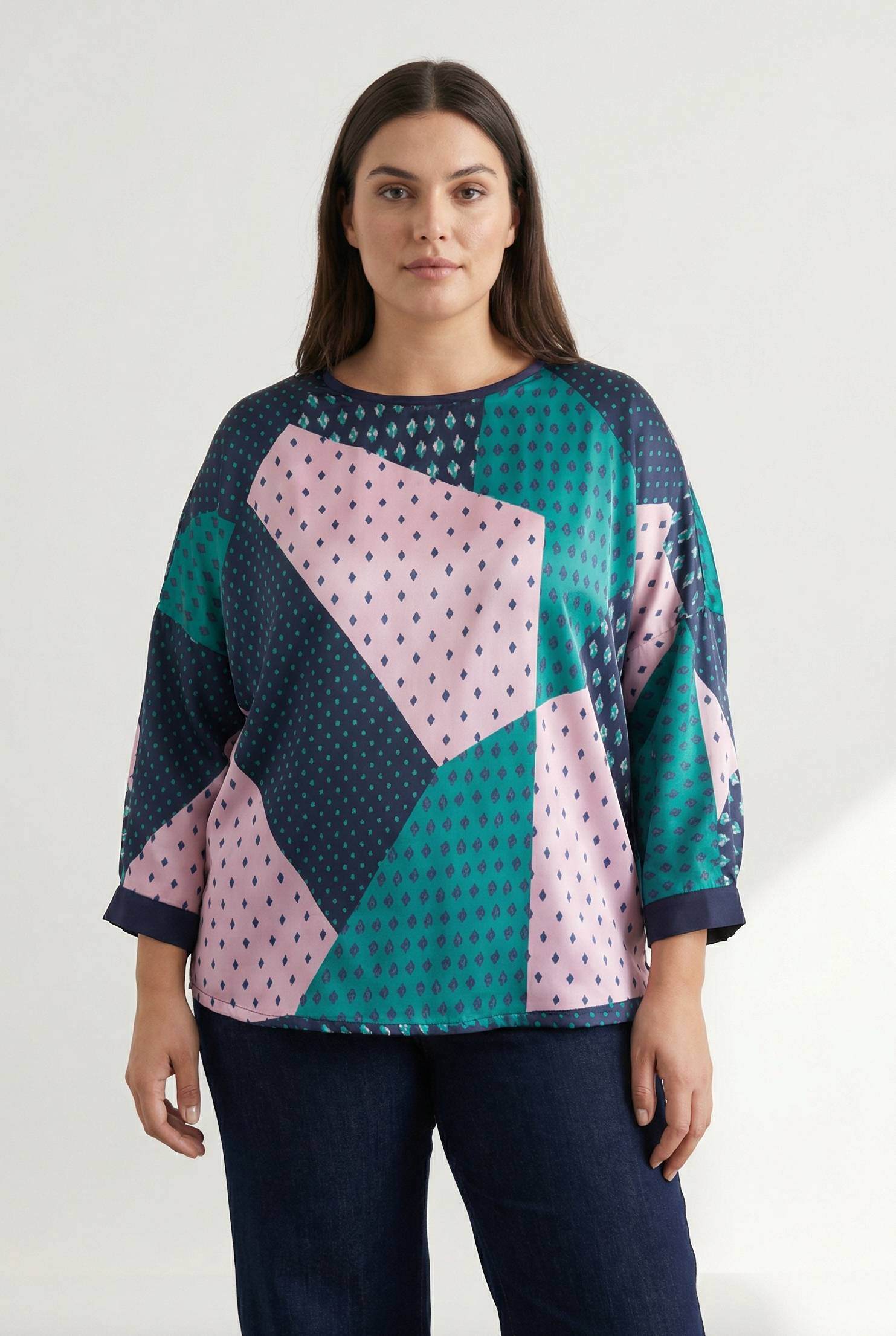 Grossiste Pomme Rouge Paris - Blouse soyeuse grande taille imprimé bleu