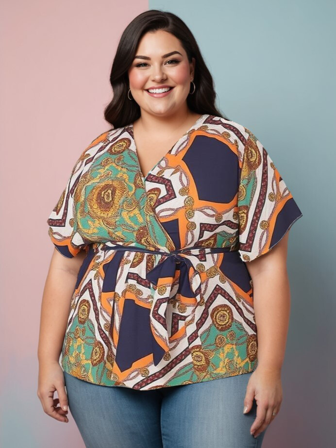 Grossiste Pomme Rouge Paris - Blouse cache cœur grande taille imprimé foulard vert (C6208)