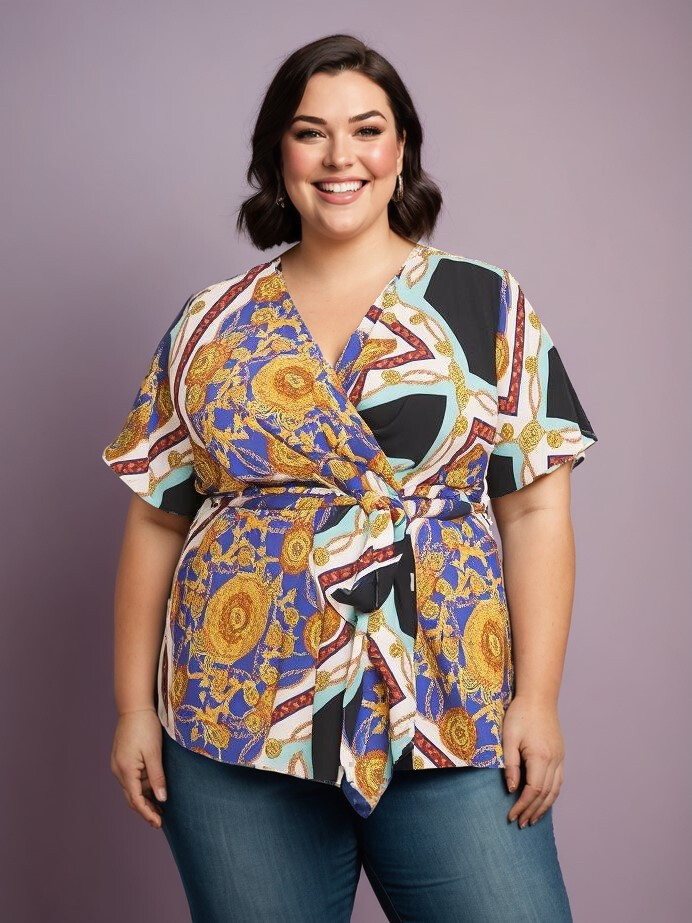 Grossiste Pomme Rouge Paris - Blouse cache cœur grande taille imprimé foulard bleu (C6208)