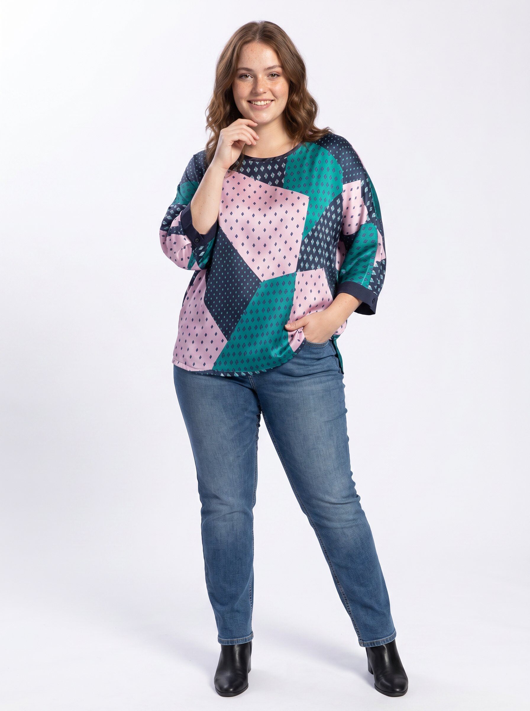 Grossiste Pomme Rouge Paris - Blouse soyeuse grande taille imprimé bleu