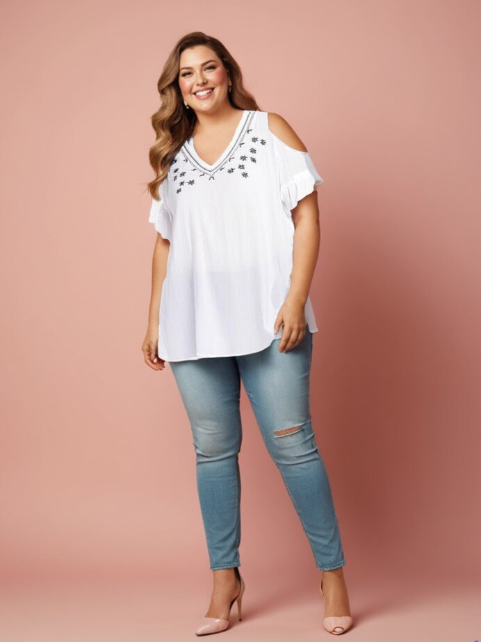 Mayorista Pomme Rouge Paris - Blusa blanca de talla grande con bordados (A963)