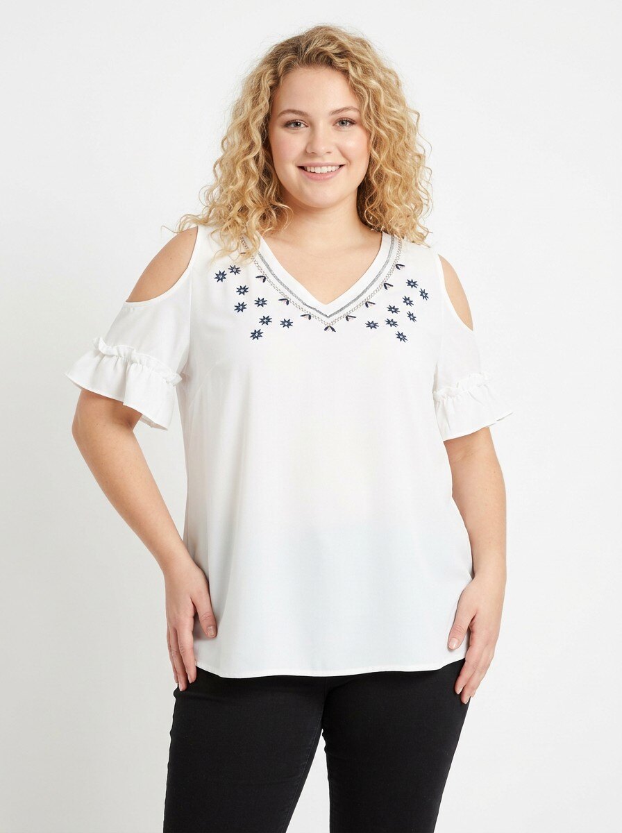 Grossiste Pomme Rouge Paris - Blouse blanche grande taille avec broderies (A963)