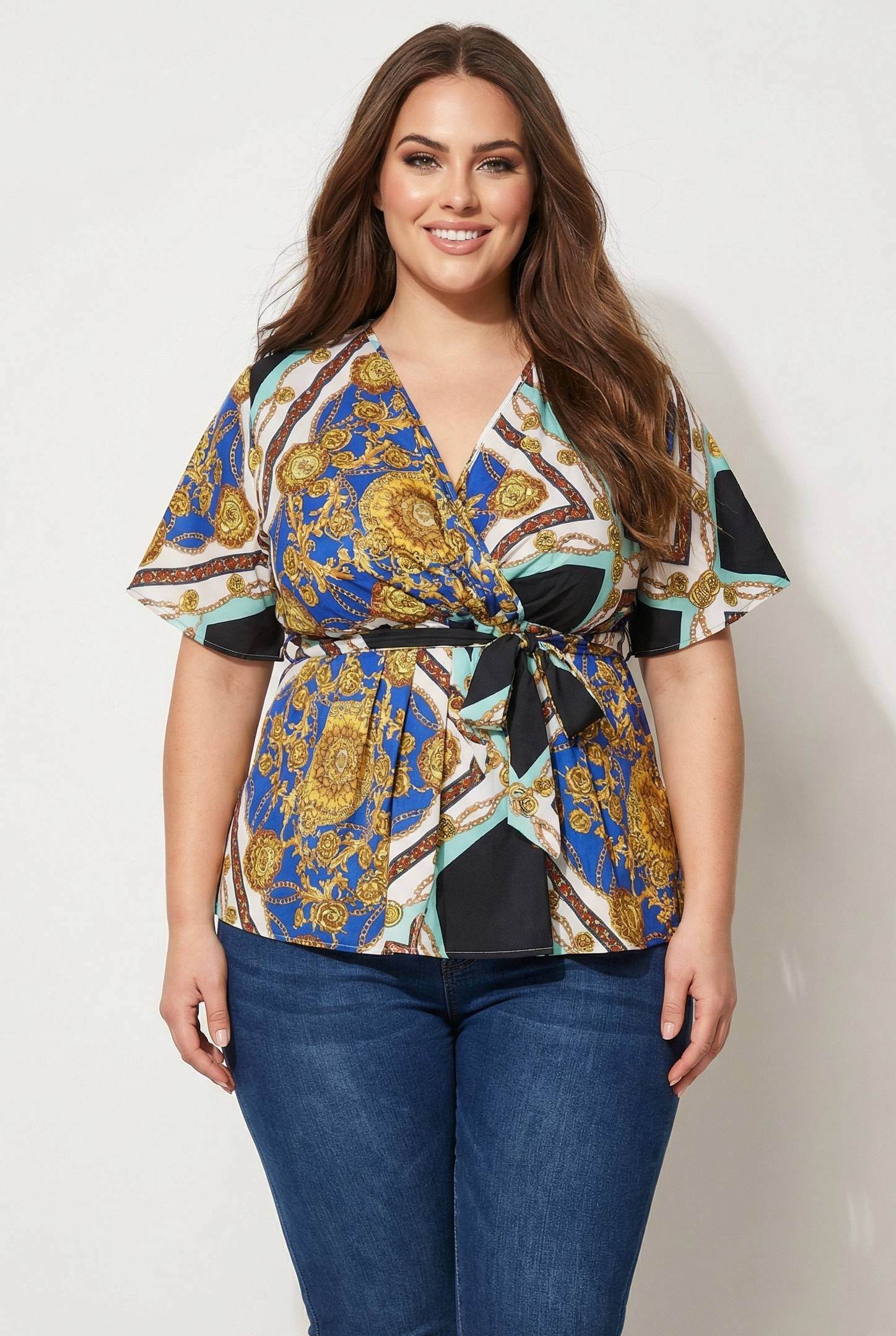 Grossiste Pomme Rouge Paris - Blouse cache cœur grande taille imprimé foulard bleu (C6208)