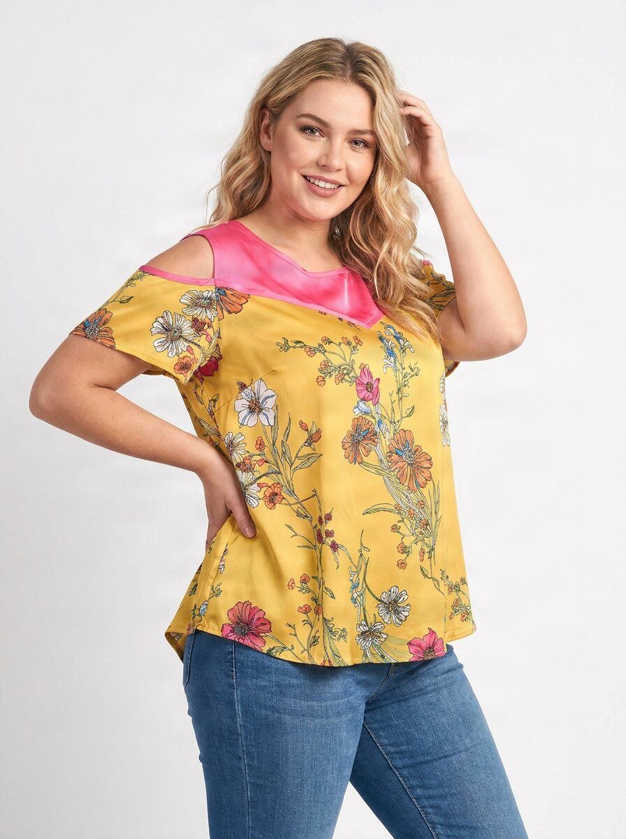 Grossista Pomme Rouge Paris - Blusa taglia grande effetto a strati con stampa floreale gialla (A988)