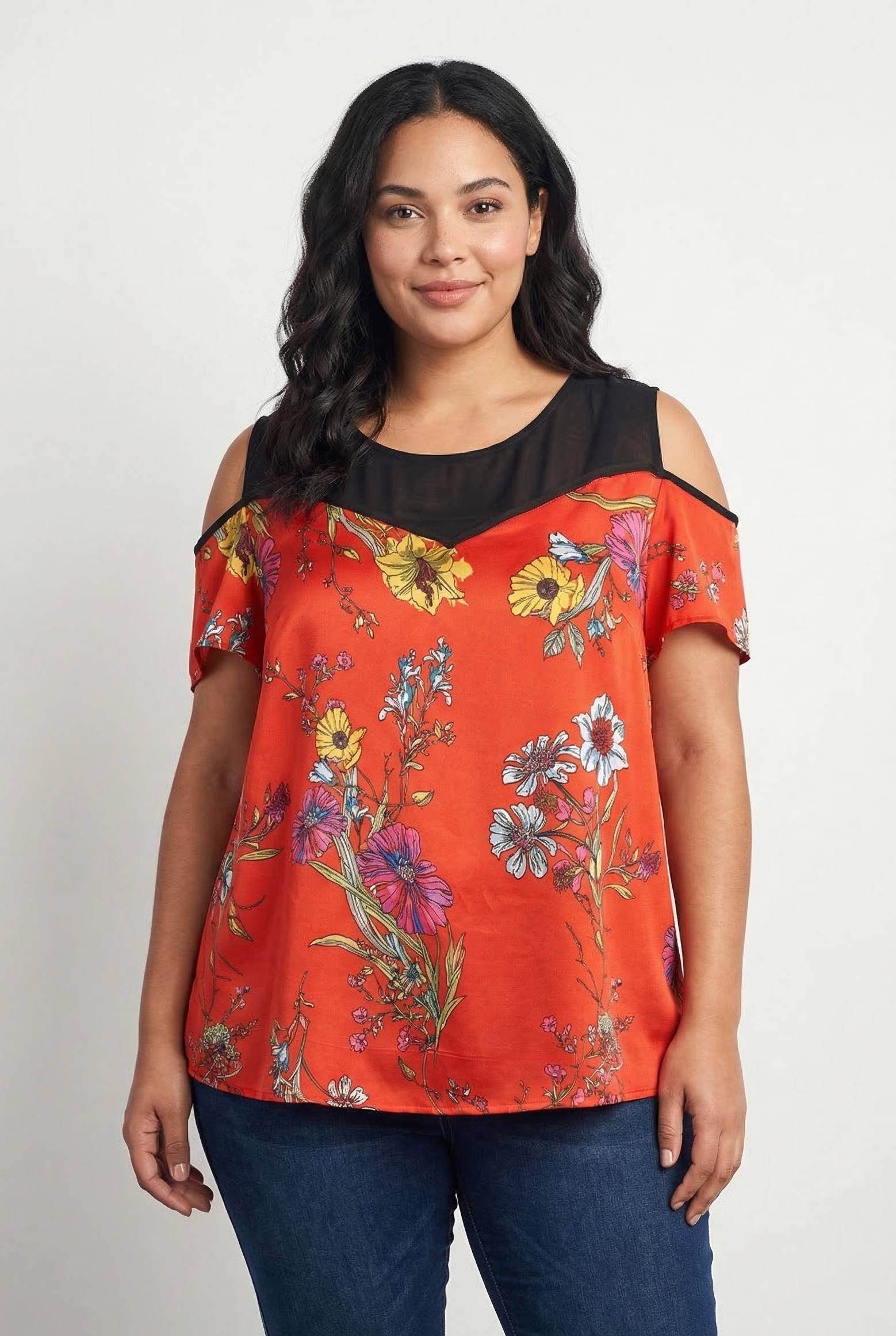 Grossiste Pomme Rouge Paris - Blouse grande taille effet superposée imprimé floral rouge (A988)
