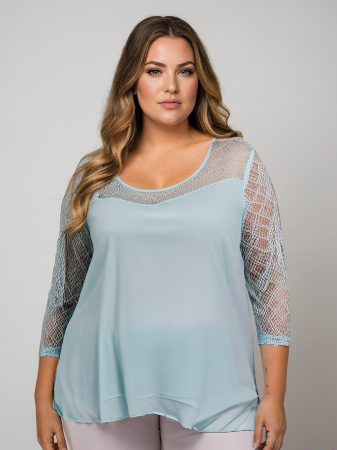 Grossiste Pomme Rouge Paris - Blouse turquoise avec manches dentelle (A581)