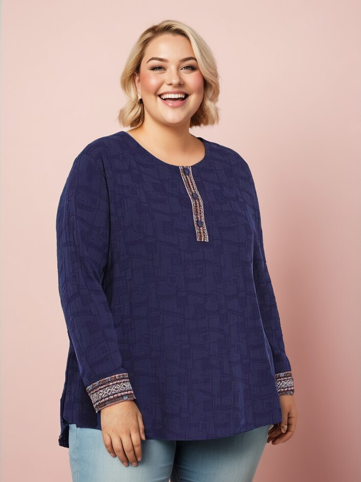 Grossiste Pomme Rouge Paris - Blouse texturé bleu grande taille (C6239)