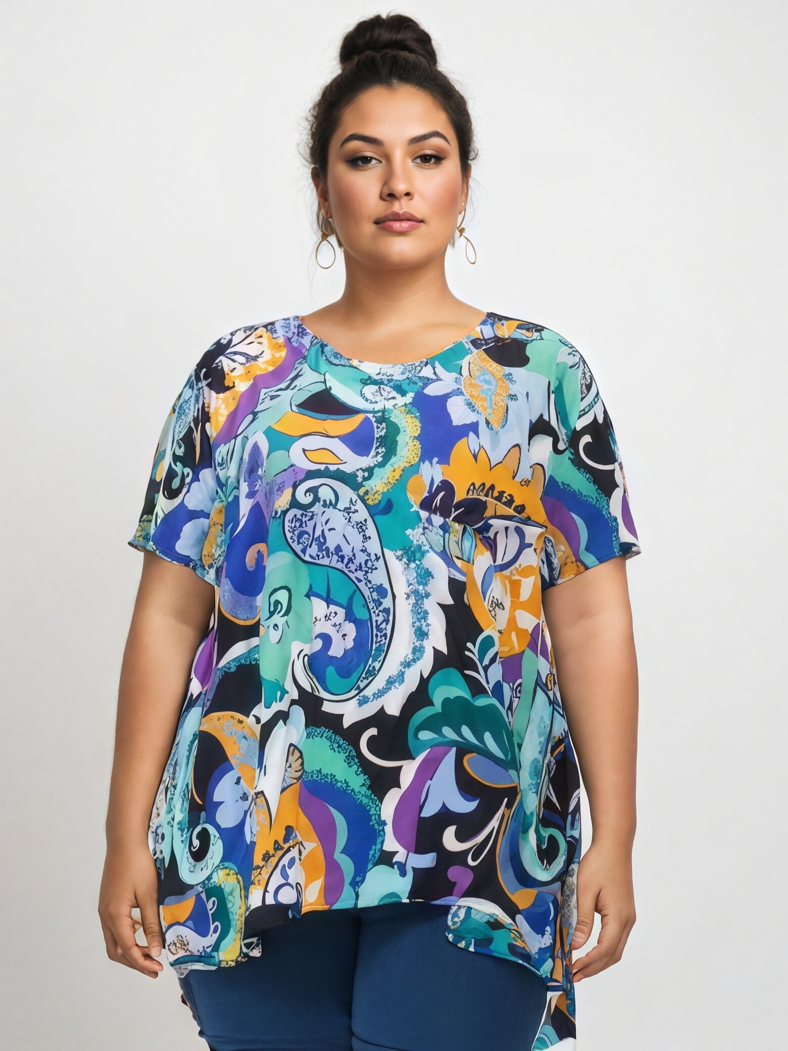 Großhändler Pomme Rouge Paris - Blau bedruckte Bluse in Übergröße (C6569)