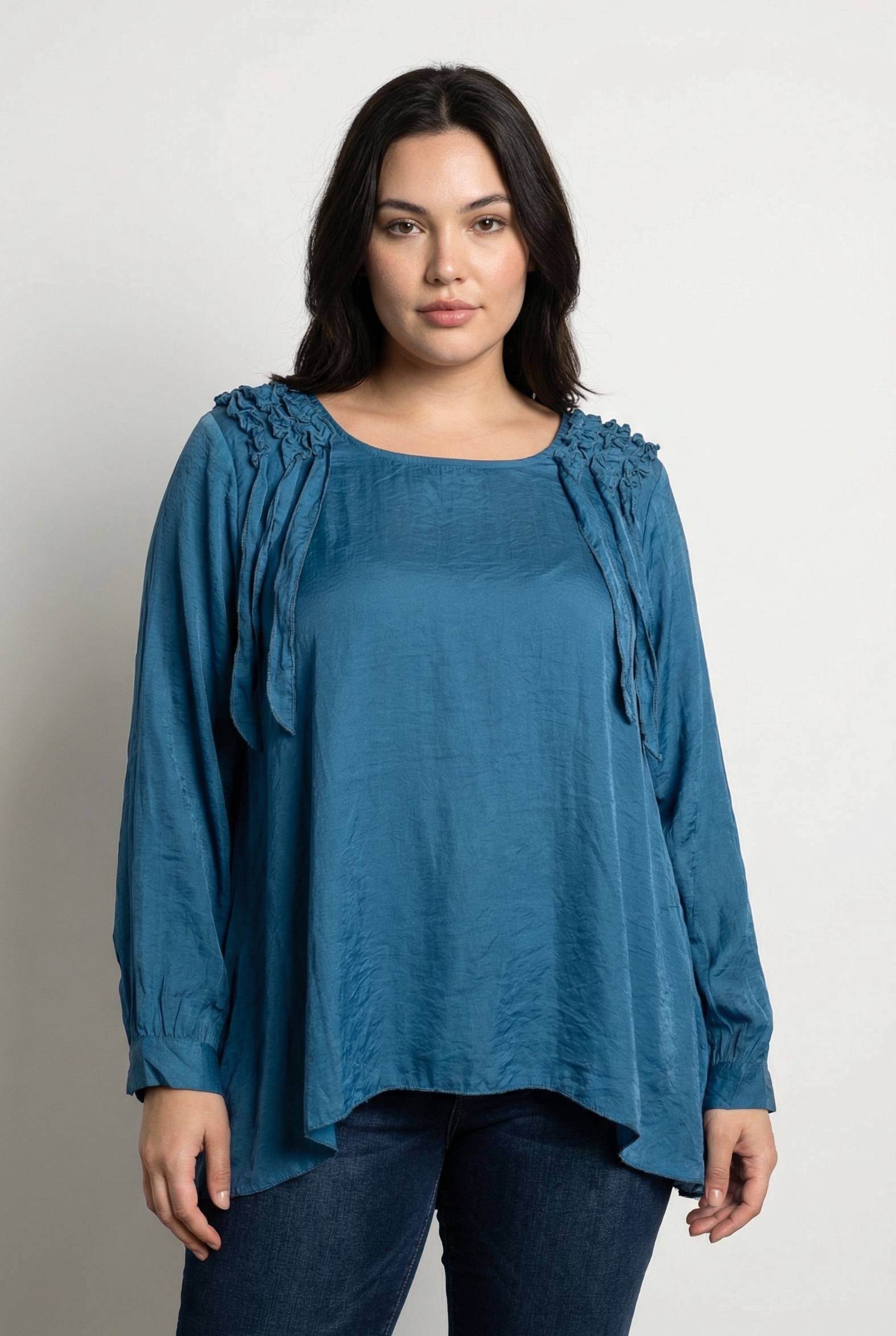 Grossiste Pomme Rouge Paris - Blouse bleu grande taille avec franges