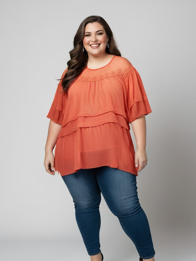 Grossiste Pomme Rouge Paris - Top + blouse avec broderies grande taille (C6563)