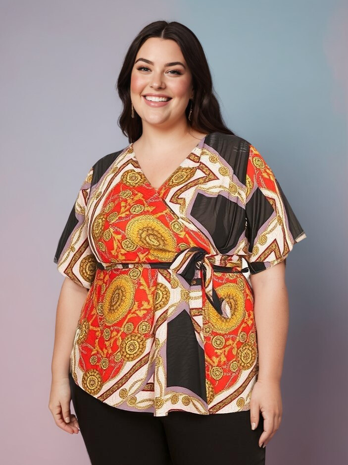 Grossiste Pomme Rouge Paris - Blouse cache cœur grande taille imprimé foulard noir (C6208)