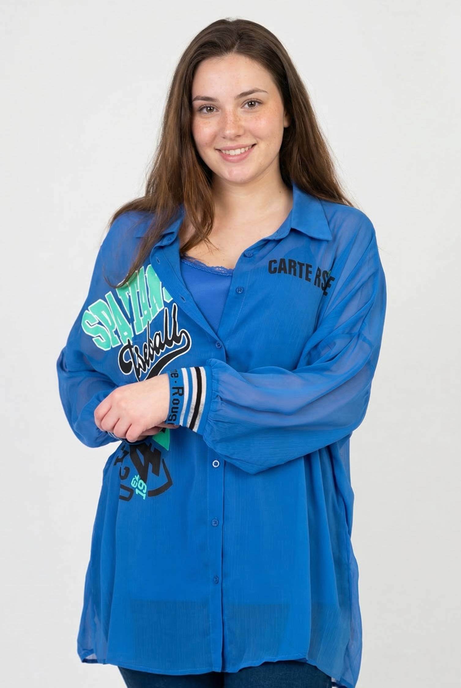 Grossiste Pomme Rouge Paris - Ensemble top + chemise bleu avec motif grande taille