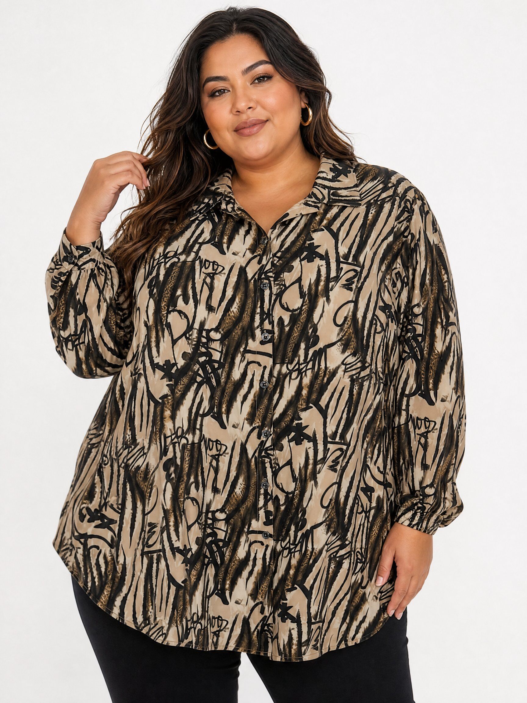Grossiste Pomme Rouge Paris - Chemise grande taille imprimé léopard marron (T1265)