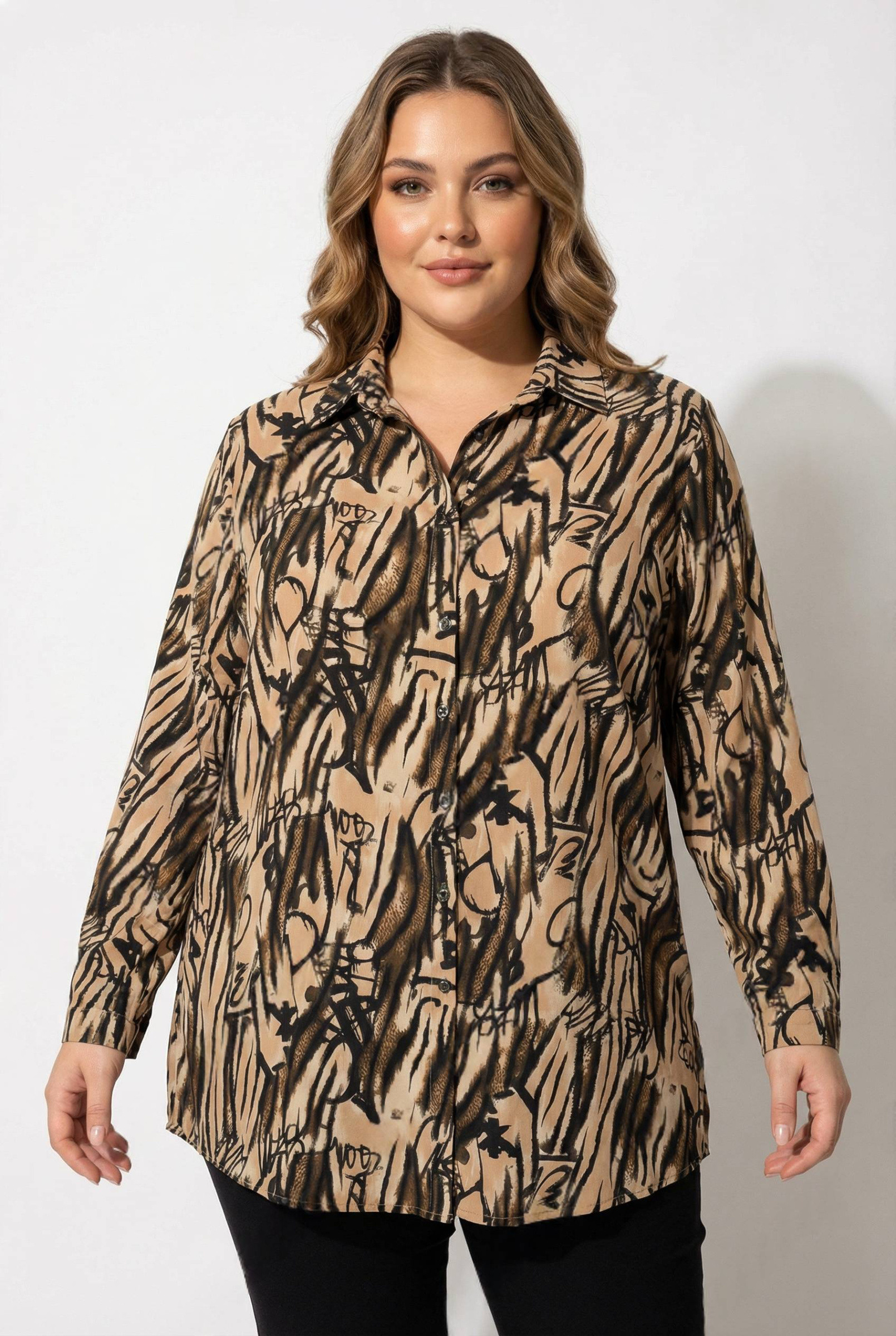 Grossiste Pomme Rouge Paris - Chemise grande taille imprimé léopard marron (T1265)