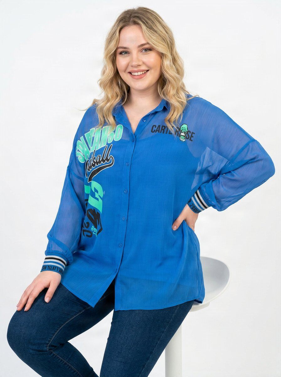 Grossiste Pomme Rouge Paris - Ensemble top + chemise bleu avec motif grande taille