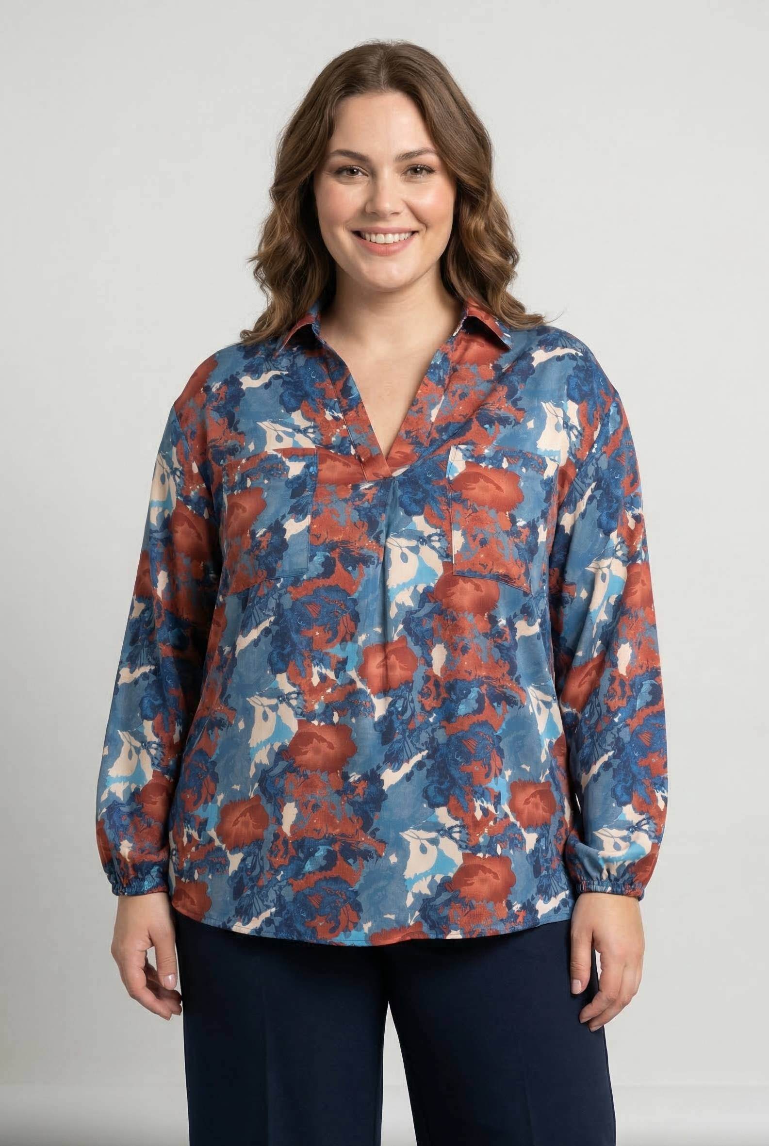 Grossiste Pomme Rouge Paris - Chemise grande taille imprimé bleu (PC6632)