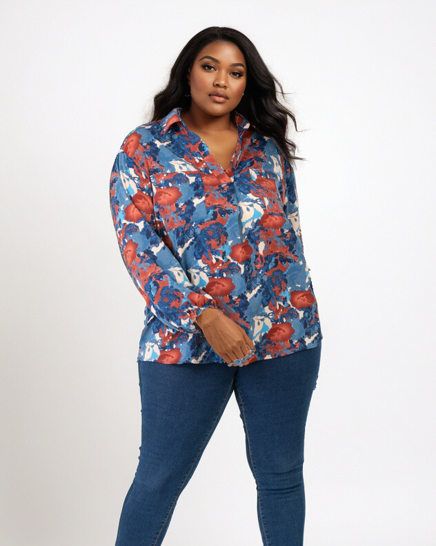 Grossiste Pomme Rouge Paris - Chemise grande taille imprimé bleu (CA6632)