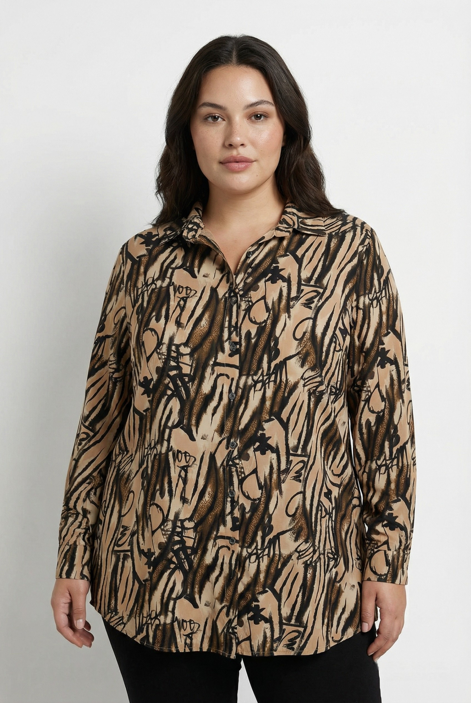 Grossiste Pomme Rouge Paris - Chemise grande taille imprimé léopard marron (T1265)