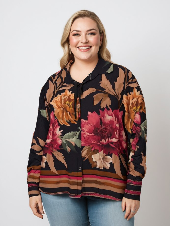 Großhändler Pomme Rouge Paris - Seidiges schwarzes bedrucktes Hemd (TB39004)