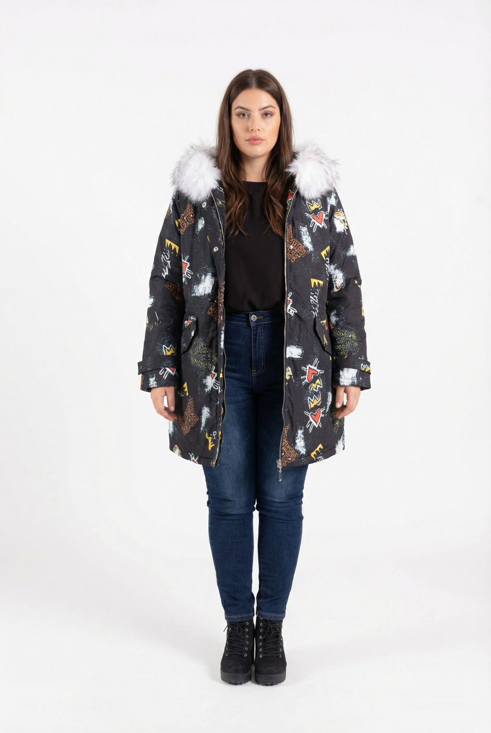 Wholesaler Pomme Rouge Paris - Plus size printed puffer jacket with faux fur