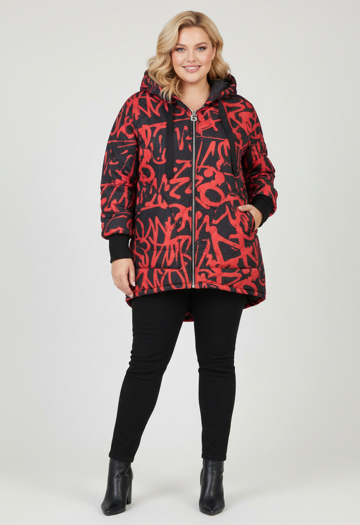 Wholesaler Pomme Rouge Paris - Plus size red printed puffer jacket (C6628)