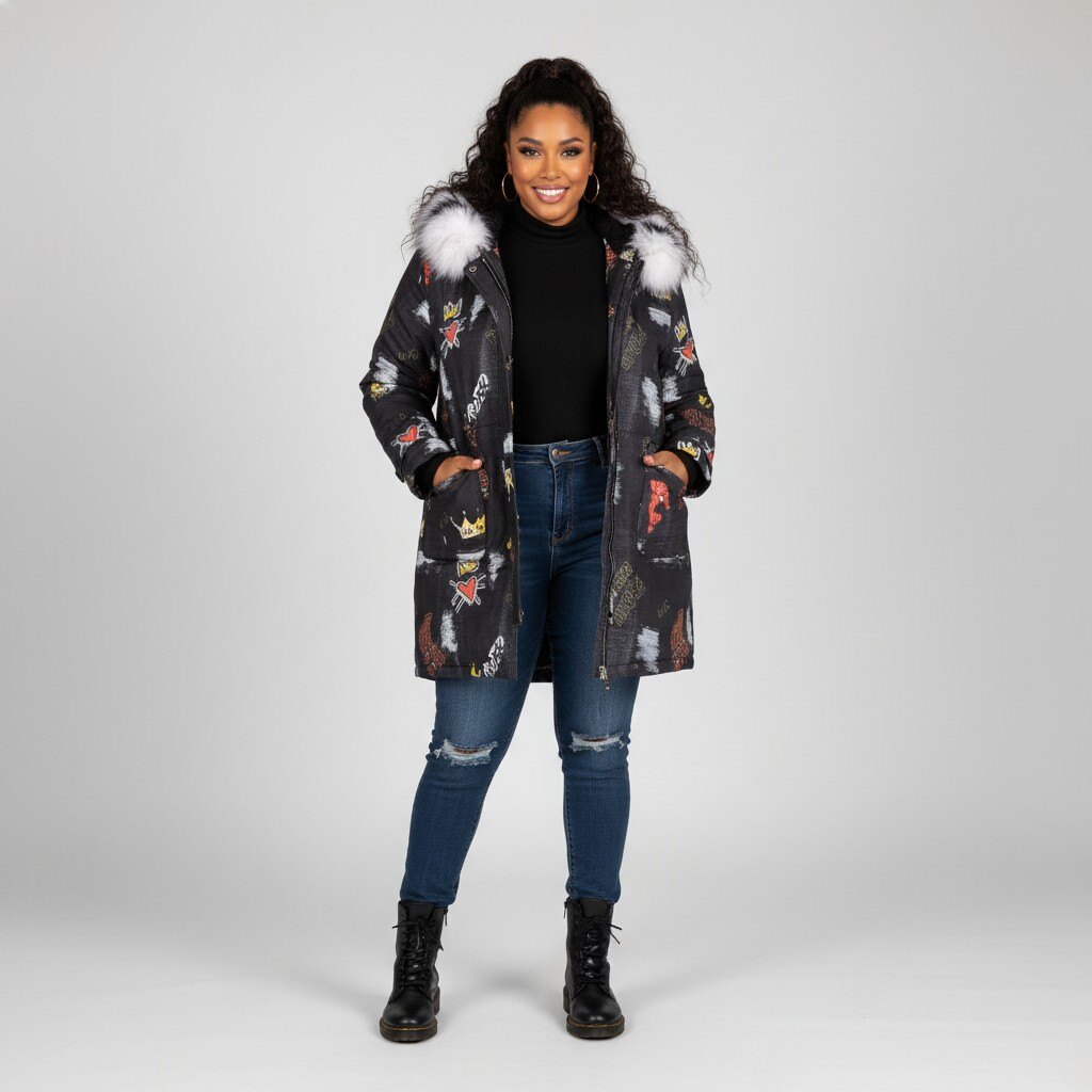 Wholesaler Pomme Rouge Paris - Plus size printed puffer jacket with faux fur