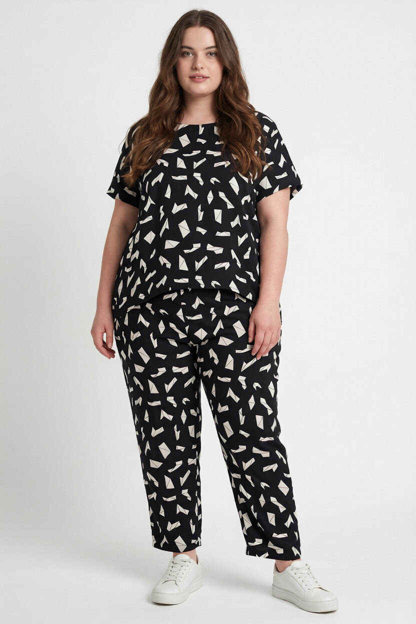 Grossiste Pomme Rouge Paris - Ensemble top + pantalon grande taille imprimée noir (C6198)