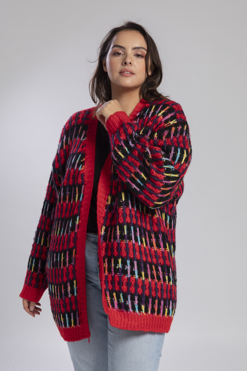 Grossiste Pomme Rouge Paris - Gilet multicolore rouge (JX082)