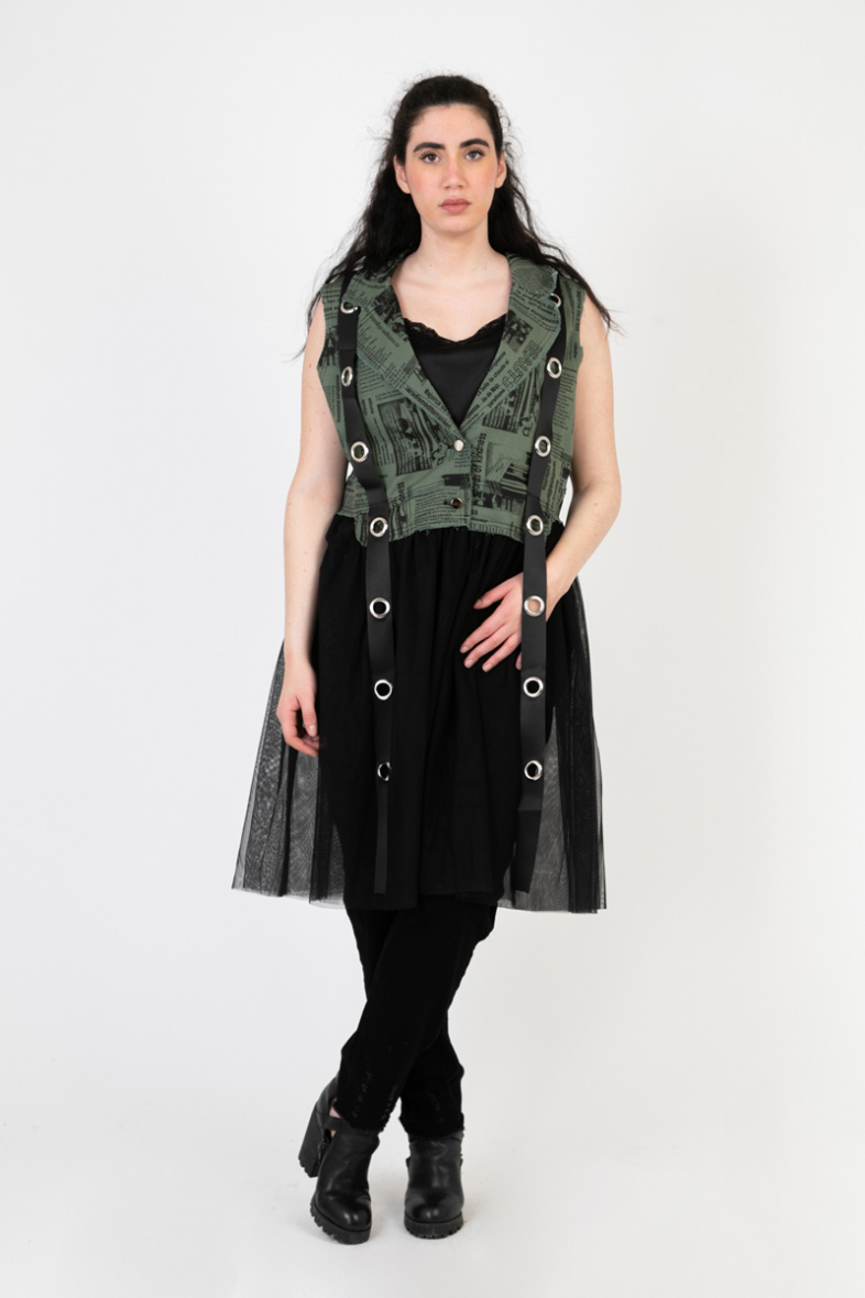 Wholesaler Pomme Rouge Paris - Bi-material denim and tulle vest (C6515)