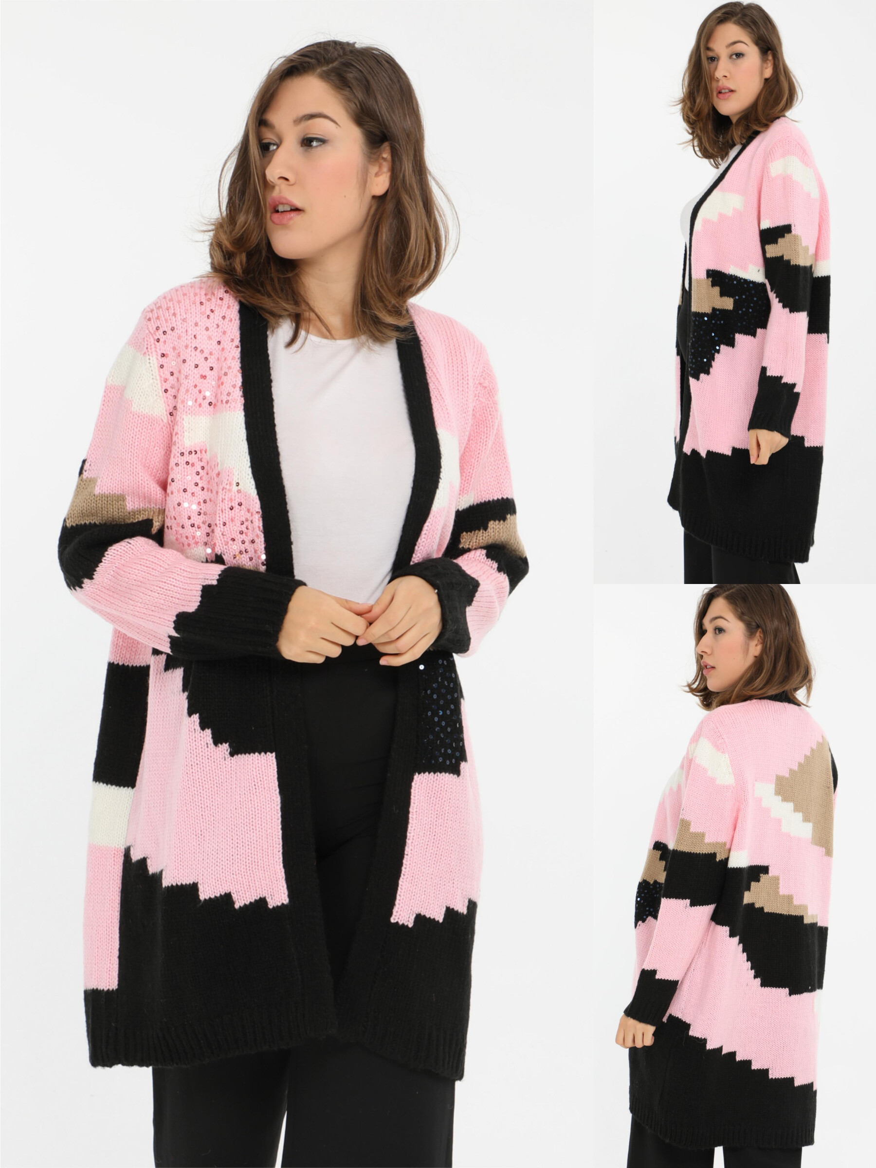Grossiste Pomme Rouge Paris - Gilet colorblock rose avec séquins (JX080)