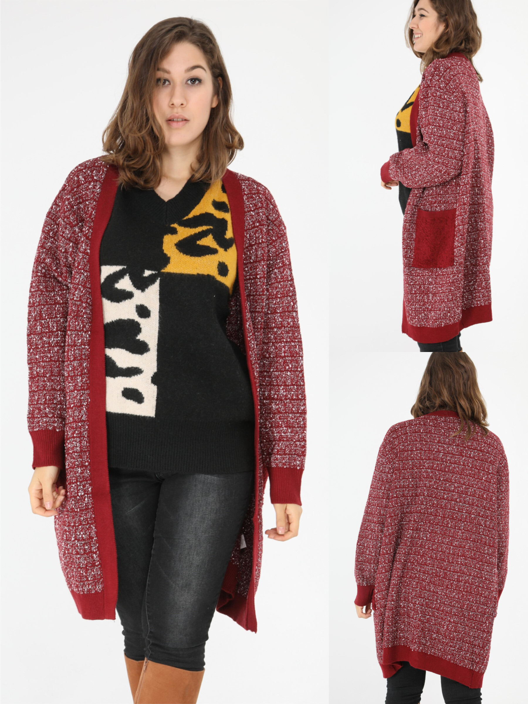 Grossiste Pomme Rouge Paris - Gilet chiné rouge grande taille (JX081)