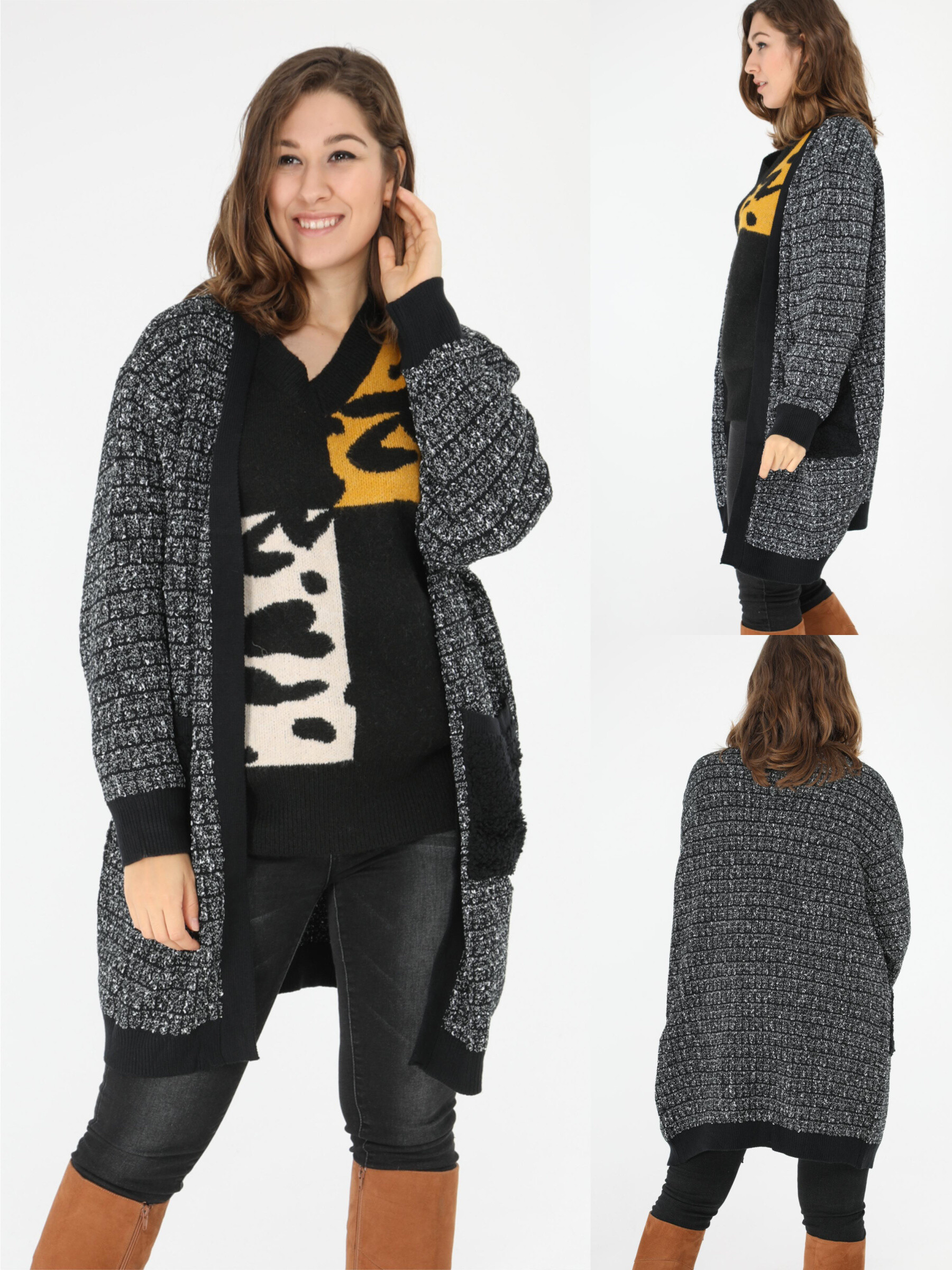 Grossiste Pomme Rouge Paris - Gilet chiné noir grande taille (JX081)