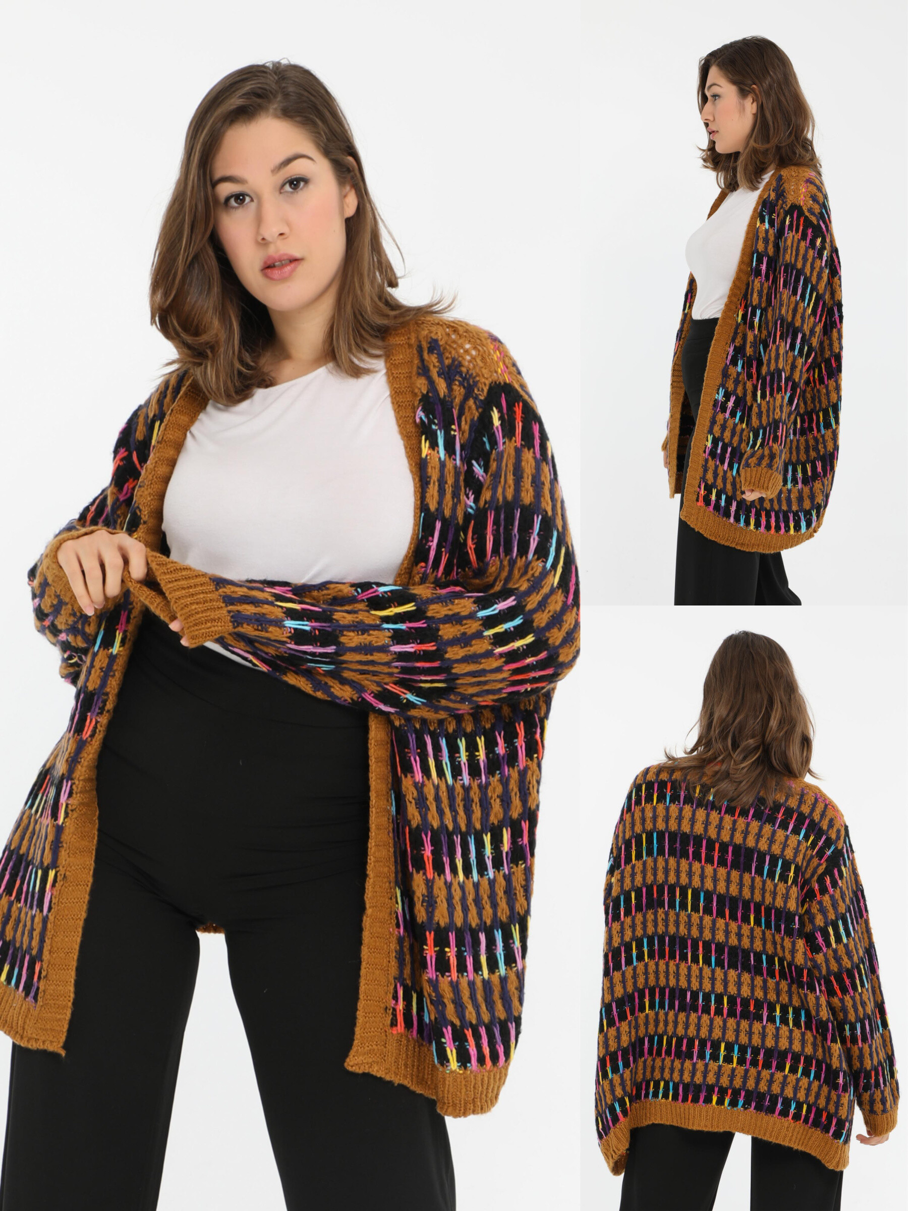Grossiste Pomme Rouge Paris - Gilet multicolore camel (JX082)