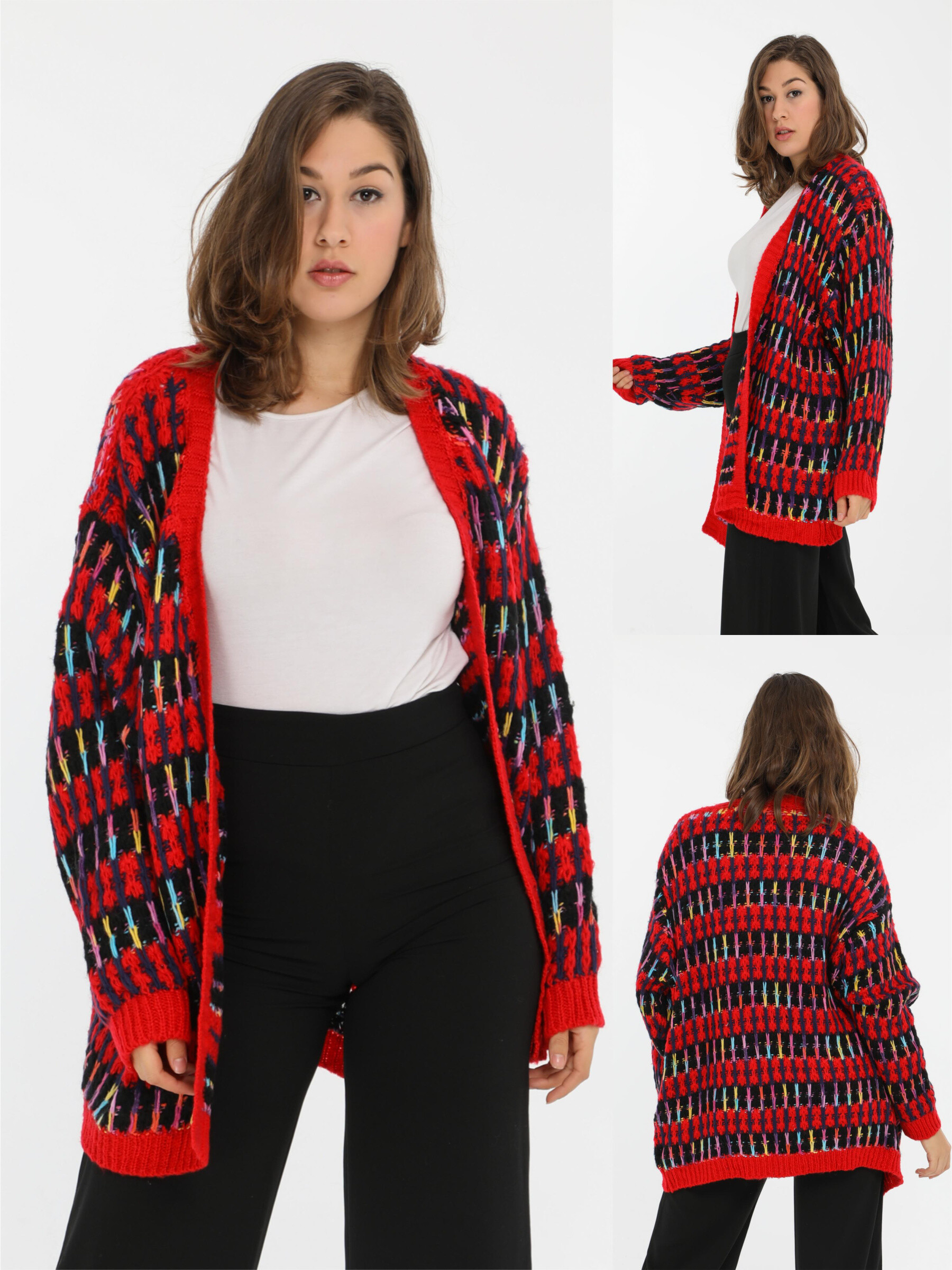 Grossiste Pomme Rouge Paris - Gilet multicolore rouge (JX082)
