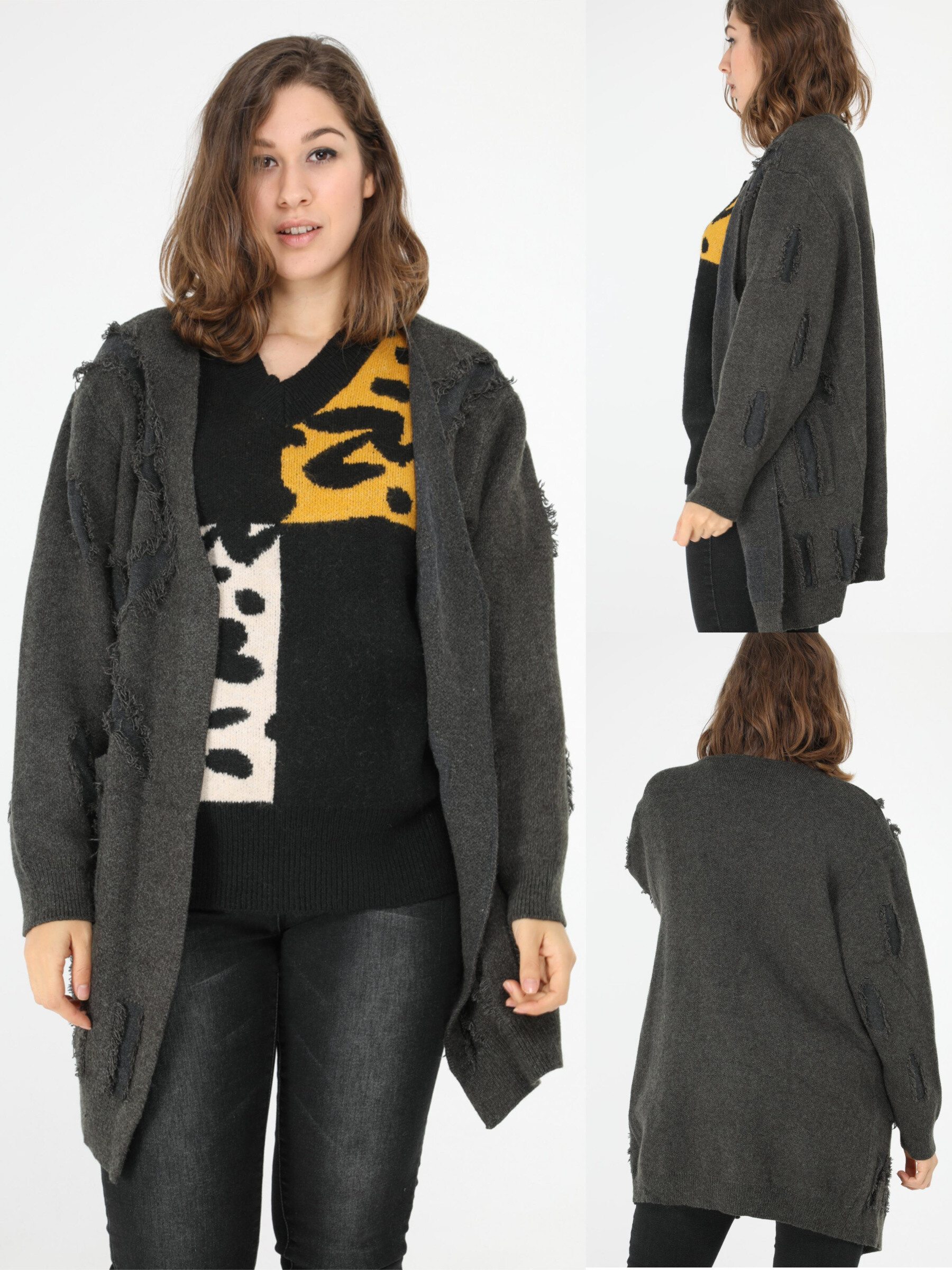 Grossiste Pomme Rouge Paris - Gilet gris avec nervure (JX085)