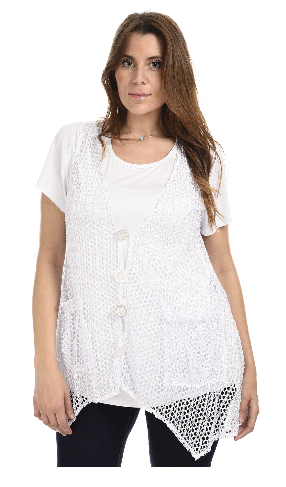 Grossiste Pomme Rouge Paris - Gilet ajouré blanc grande taille (A318)